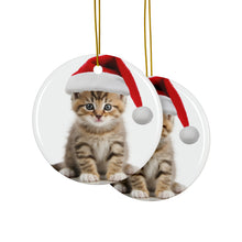 DistinctInk Hanging Ceramic Christmas Tree Ornament with Gold String - Great Gift/Present - 2 3/4 inch Diameter - Manx Kitten Design