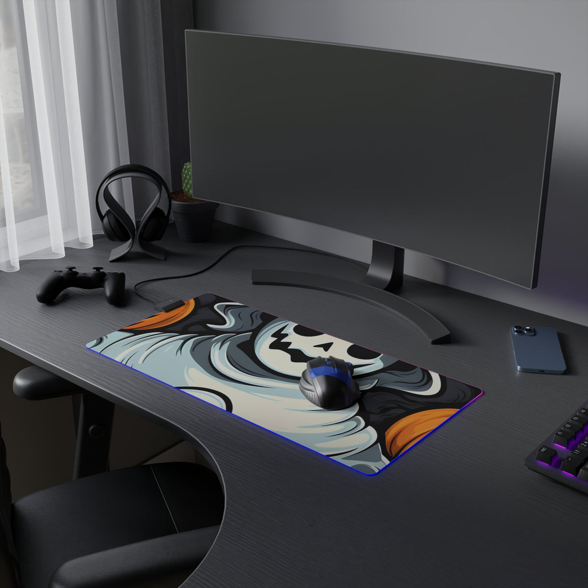 LED Gaming Mouse Pad with Spooky Skeletal Pumpkin Patch Design for Halloween, view 9