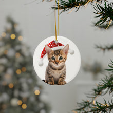 DistinctInk Hanging Ceramic Christmas Tree Ornament with Gold String - Great Gift/Present - 2 3/4 inch Diameter - Savannah Kitten Design