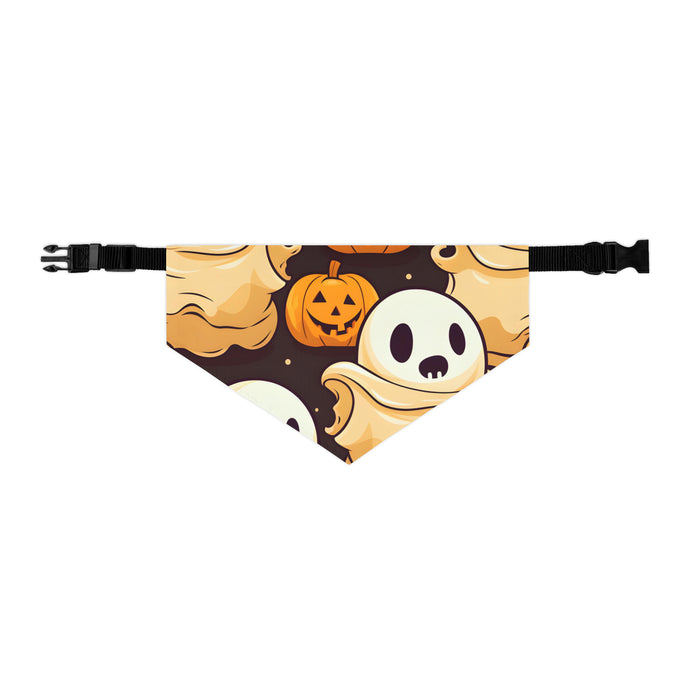 DistinctInk Adjustable Pet Banana Collar with Ghost Skeleton Pumpkin Pattern Design for Halloween