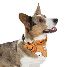 DistinctInk Adjustable Pet Banana Collar with Ghostly Skeleton Pumpkin Patch Design for Halloween