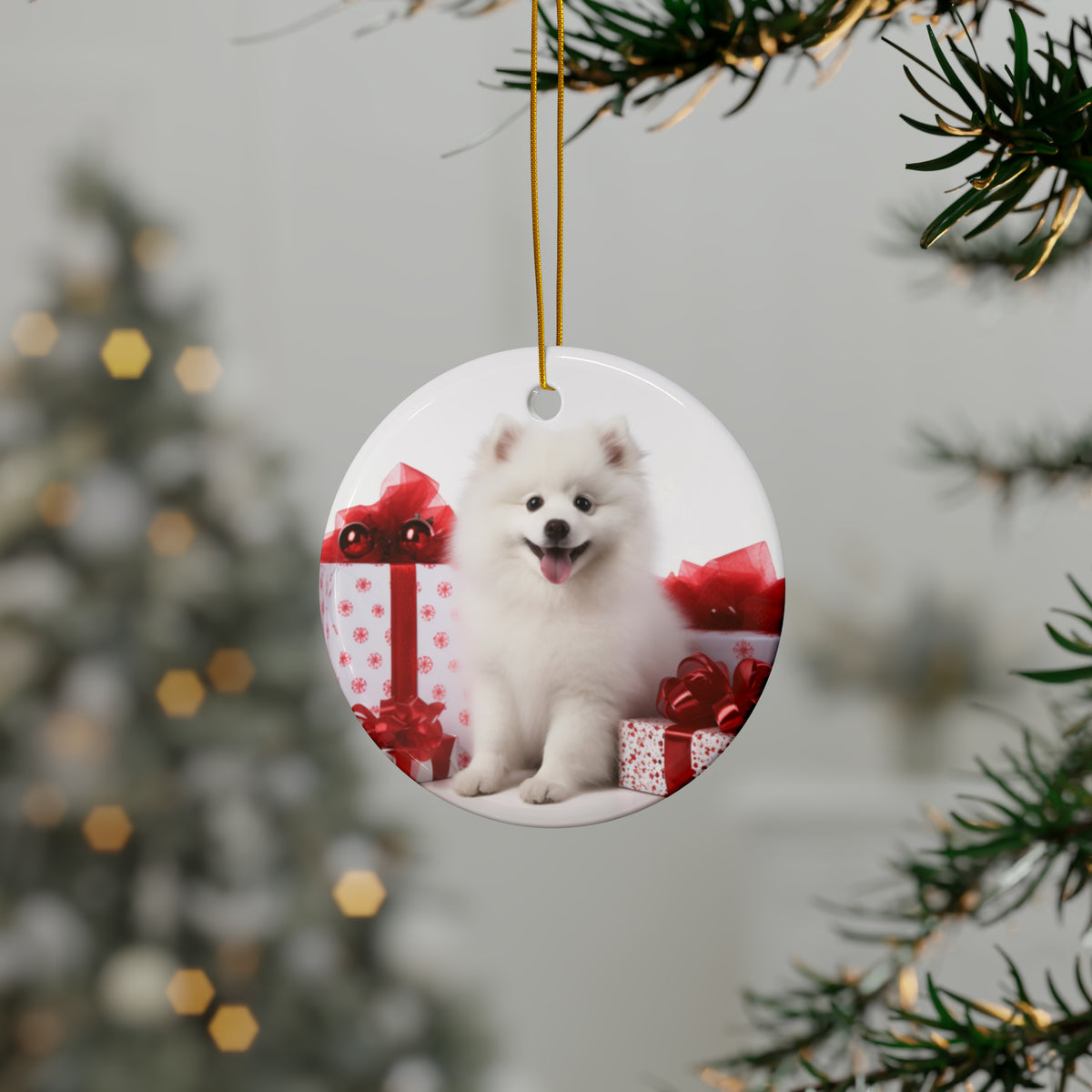 Hanging Ceramic Christmas Tree Ornament with Gold String - American Eskimo Dog Puppy Design, view 3