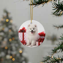 DistinctInk Hanging Ceramic Christmas Tree Ornament with Gold String - Great Gift/Present - 2 3/4 inch Diameter - American Eskimo Dog Puppy Design