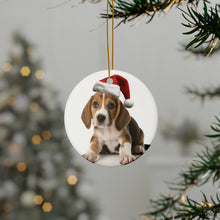 DistinctInk Hanging Ceramic Christmas Tree Ornament with Gold String - Great Gift/Present - 2 3/4 inch Diameter - English Foxhound Puppy Design