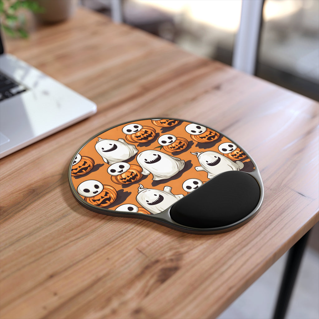 Mouse Pad with Wrist Rest with Skeletal Ghost in a Pumpkin Design for Halloween, view 2