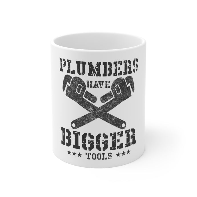 DistinctInk Glossy White Coffee / Tea Mug - Plumbers Have Bigger Tools