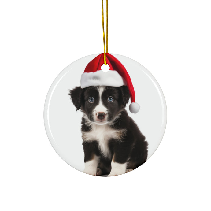 DistinctInk Hanging Ceramic Christmas Tree Ornament with Gold String - Great Gift/Present - 2 3/4 inch Diameter - Border Collie Puppy Design