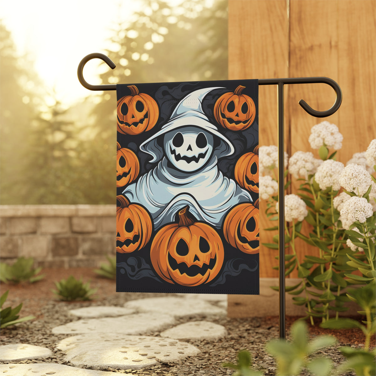 Garden & House Banner / Flag with Spooky Skeletal Pumpkin Patch Design for Halloween, view 5