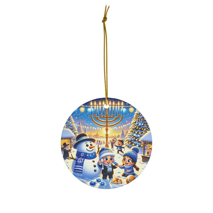 DistinctInk Hanging Ceramic Christmas Tree Ornament Charm with Gold String - Great Gift/Present - 2 3/4 inch Diameter - Hanukkah Winter Wonderland