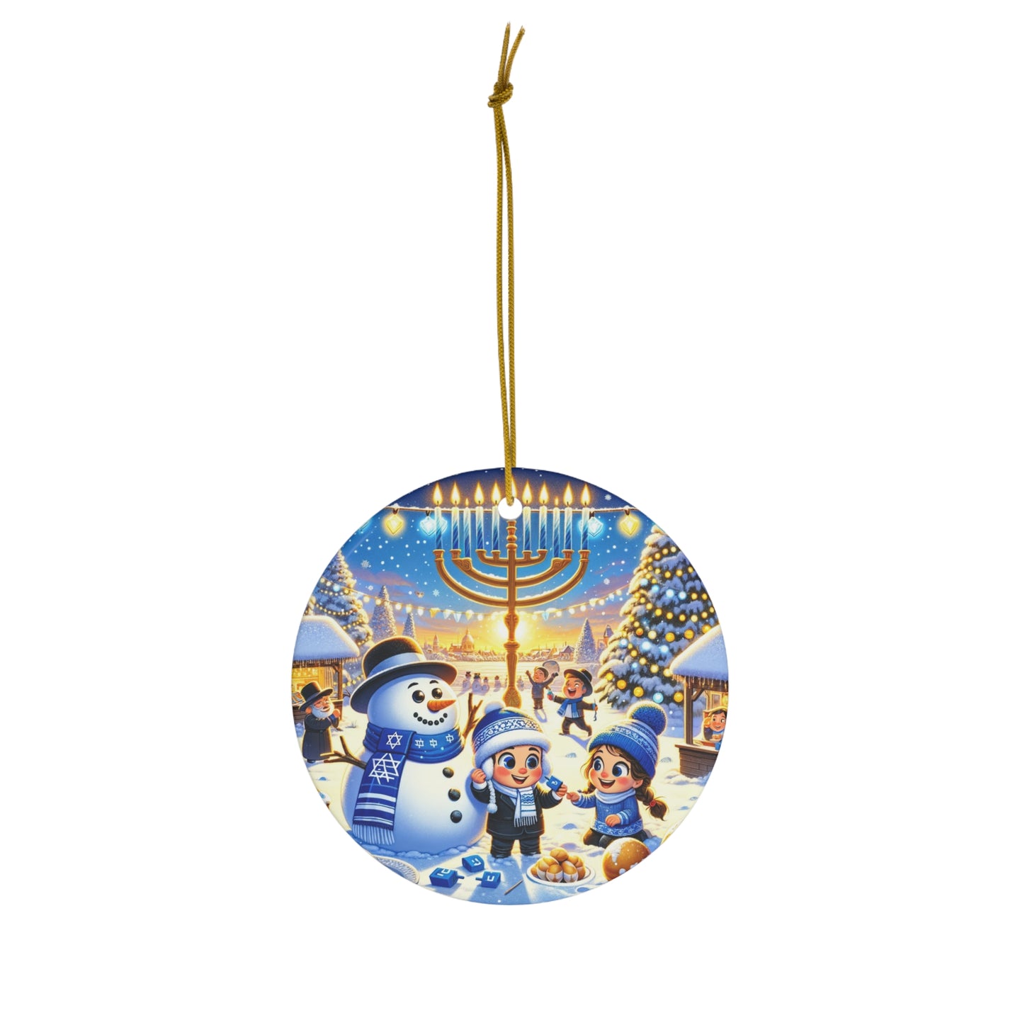 DistinctInk Hanging Ceramic Christmas Tree Ornament Charm with Gold String - Great Gift/Present - 2 3/4 inch Diameter - Hanukkah Winter Wonderland