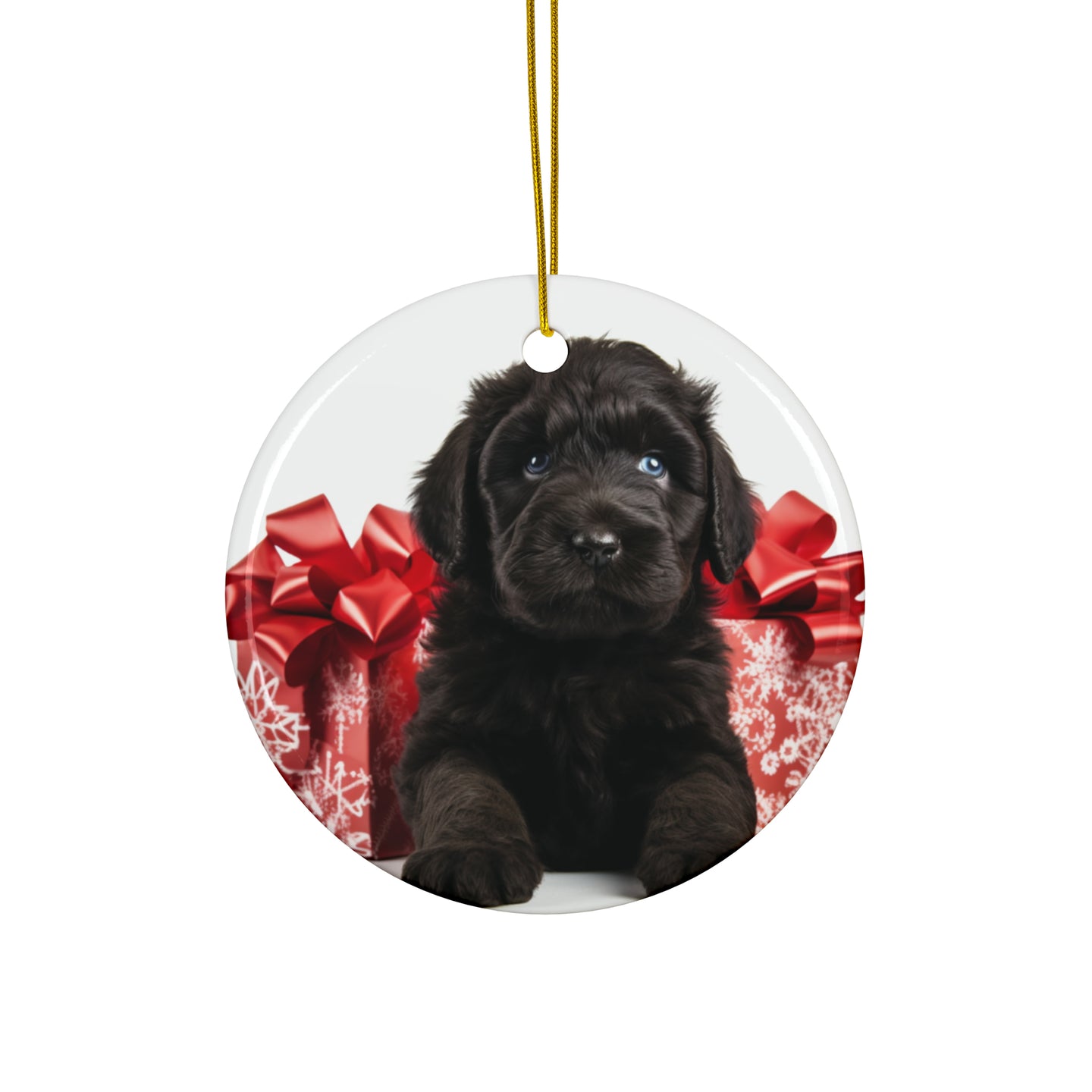 DistinctInk Hanging Ceramic Christmas Tree Ornament with Gold String - Great Gift/Present - 2 3/4 inch Diameter - Black Russian Terrier Puppy Design