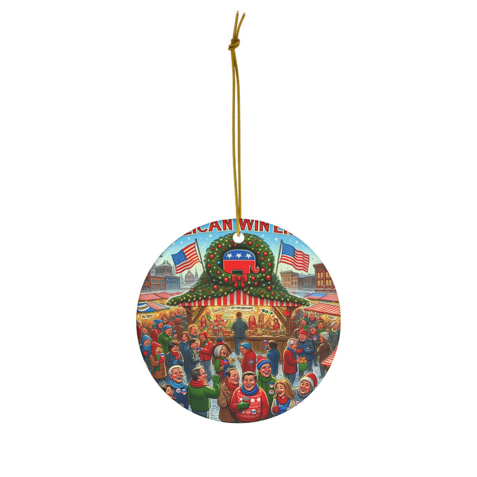 DistinctInk Hanging Ceramic Christmas Tree Ornament Charm with Gold String - Great Gift/Present - 2 3/4 inch Diameter - Republican Winter Market