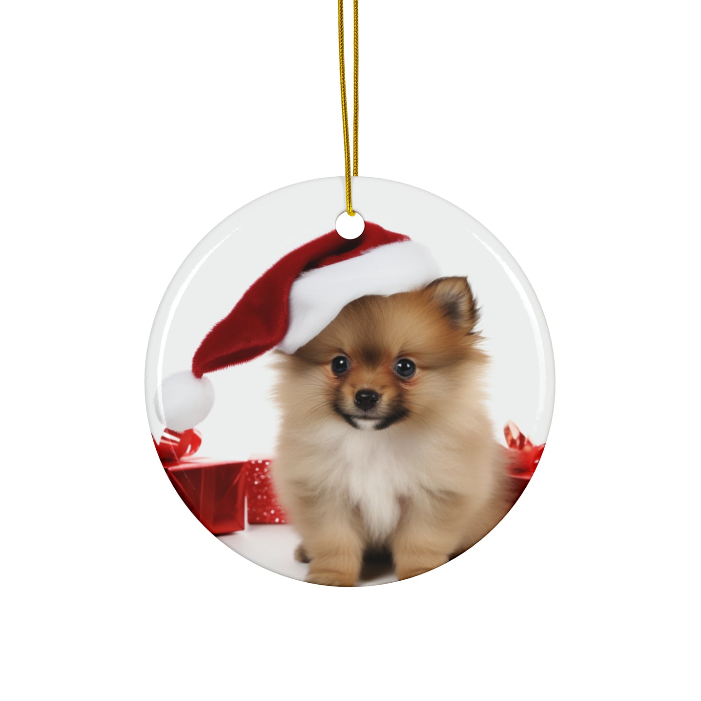 DistinctInk Hanging Ceramic Christmas Tree Ornament with Gold String - Great Gift/Present - 2 3/4 inch Diameter - Pomeranian Puppy Design