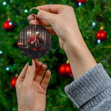 DistinctInk Hanging Ceramic Christmas Tree Ornament Charm with Gold String - Great Gift/Present - 2 3/4 inch Diameter - Trump's Festive Christmas in Jail