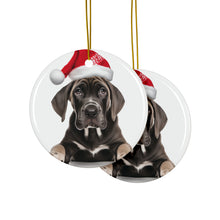 DistinctInk Hanging Ceramic Christmas Tree Ornament with Gold String - Great Gift/Present - 2 3/4 inch Diameter - Great Dane Puppy Design