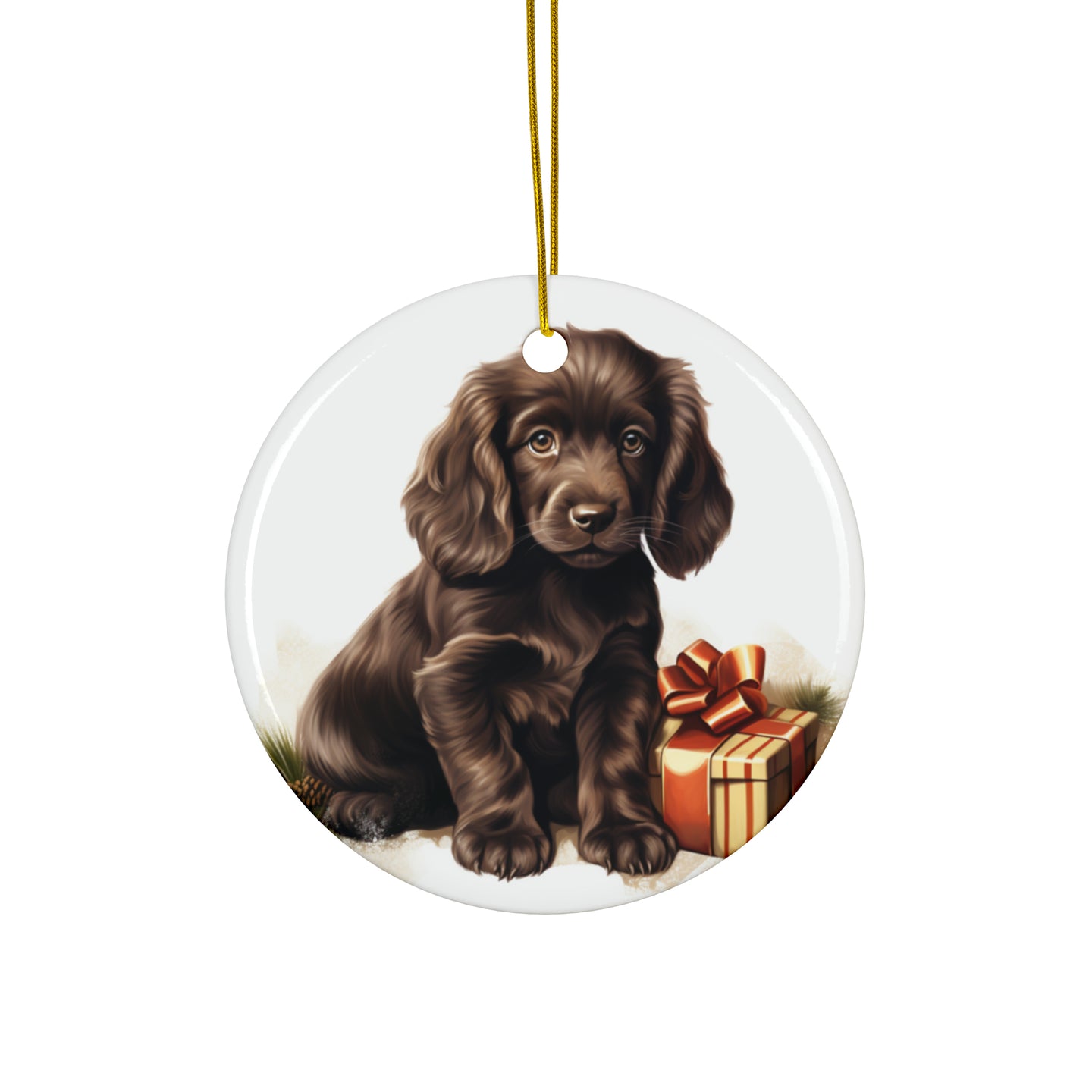 DistinctInk Hanging Ceramic Christmas Tree Ornament with Gold String - Great Gift/Present - 2 3/4 inch Diameter - Field Spaniel Puppy Drawing Design
