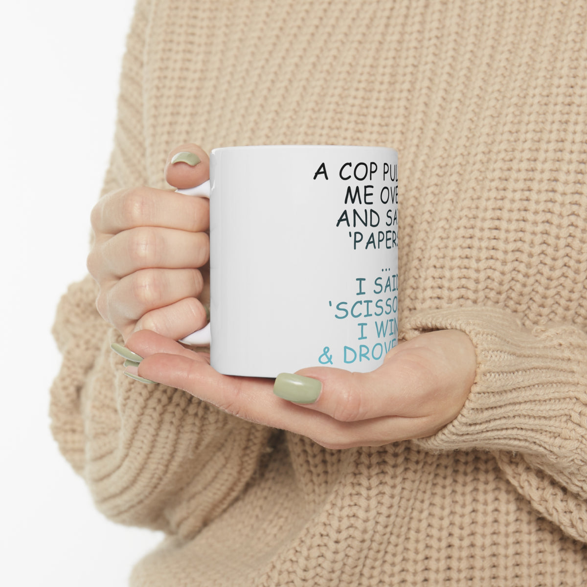 Glossy White Coffee / Tea Mug - Cop Pulled Over, Rock Paper Scissors, view 10