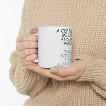 DistinctInk Glossy White Coffee / Tea Mug - Cop Pulled Over, Rock Paper Scissors