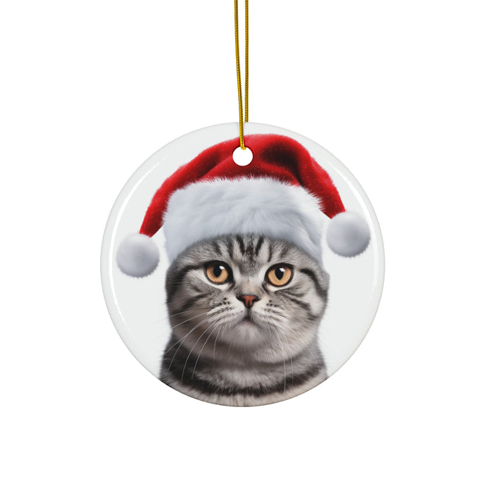 DistinctInk Hanging Ceramic Christmas Tree Ornament with Gold String - Great Gift/Present - 2 3/4 inch Diameter - American Shorthair Cat Design