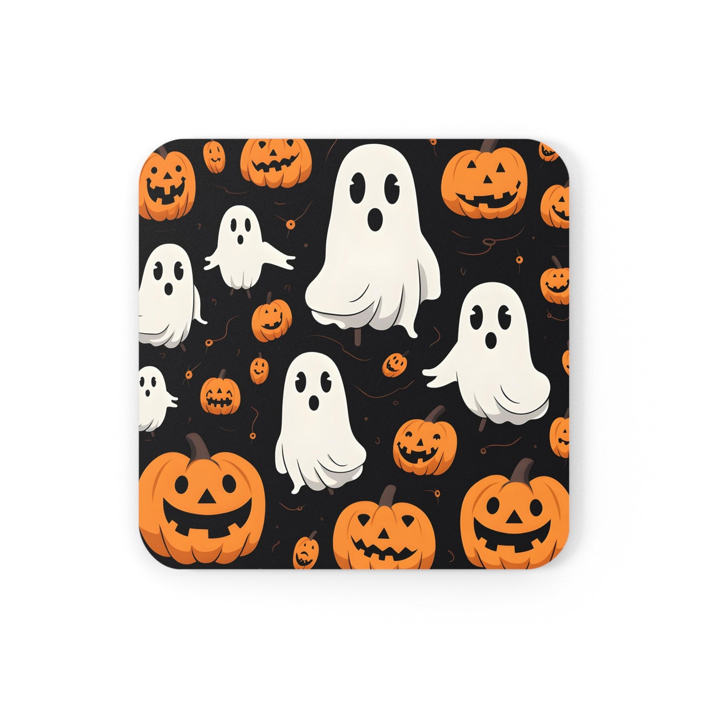 DistinctInk (Set of 4) Corkwood Coasters with Ghost Skeleton Pumpkin CartoonDesign for Halloween