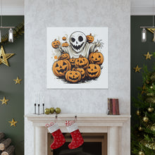 DistinctInk Canvas Wall Art with Ghostly Skeleton and Pumpkins for Halloween