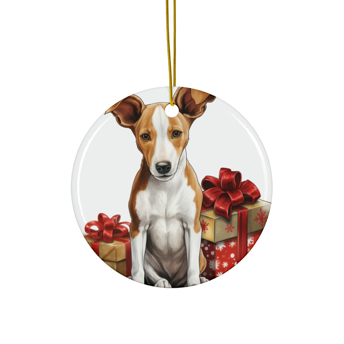 DistinctInk Hanging Ceramic Christmas Tree Ornament with Gold String - Great Gift/Present - 2 3/4 inch Diameter - Ibizan Hound Puppy Drawing Design