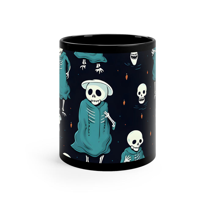DistinctInk Black Coffee Mug - Haunted Skeleton Crew for Halloween