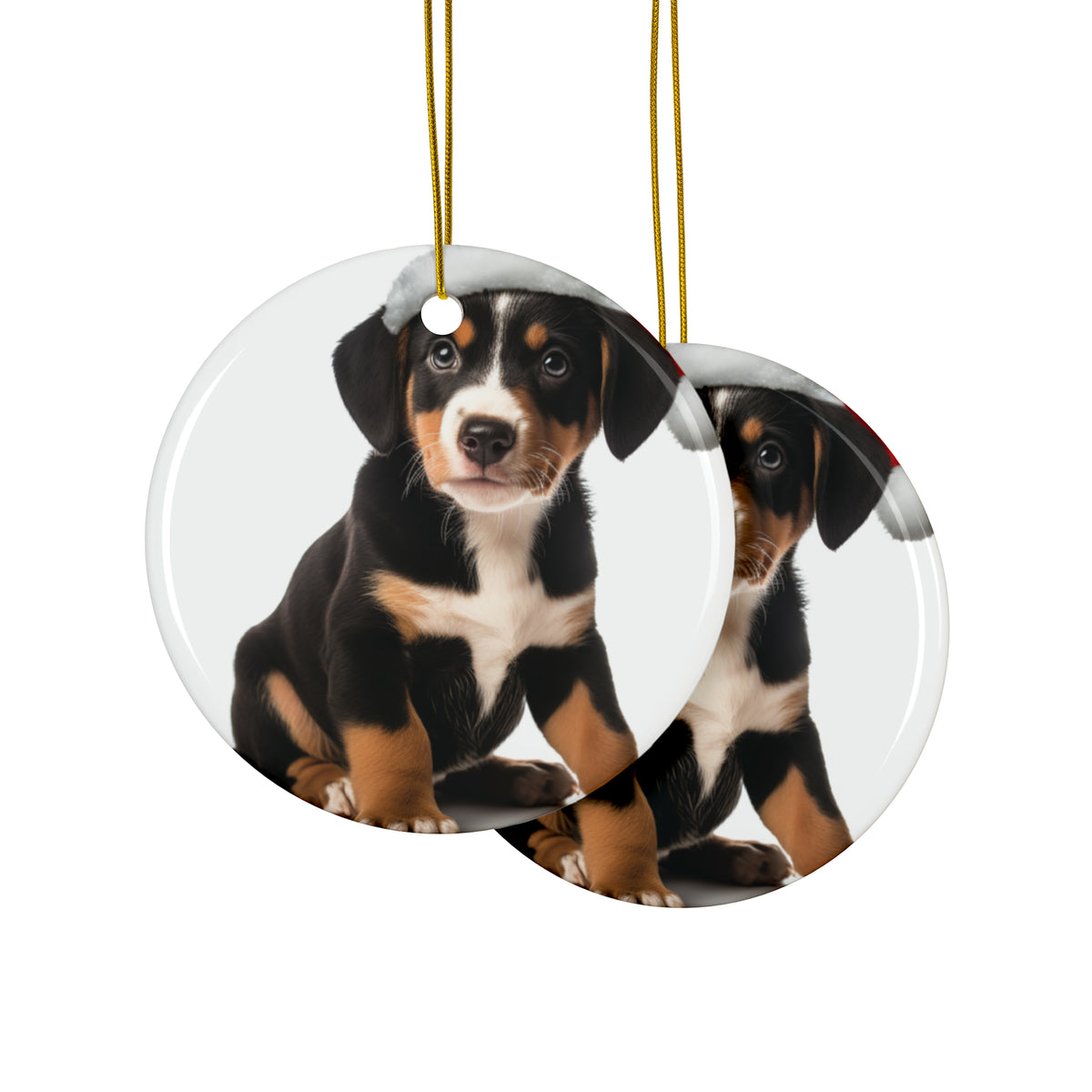 Hanging Ceramic Christmas Tree Ornament with Gold String - Entlebucher Mountain Dog Puppy Design, view 2