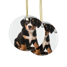 DistinctInk Hanging Ceramic Christmas Tree Ornament with Gold String - Great Gift/Present - 2 3/4 inch Diameter - Entlebucher Mountain Dog Puppy Design