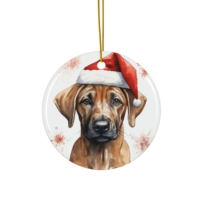 DistinctInk Hanging Ceramic Christmas Tree Ornament with Gold String - Great Gift/Present - 2 3/4 inch Diameter - Rhodesian Ridgeback Puppy Drawing Design