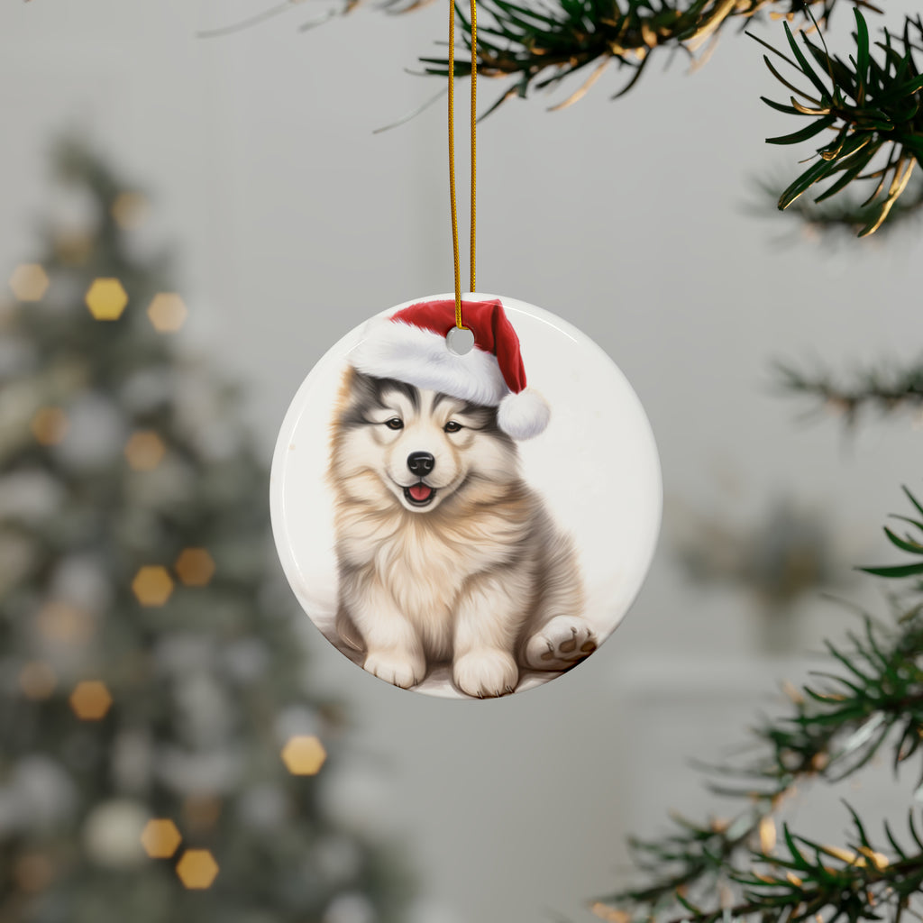 Hanging Ceramic Christmas Tree Ornament with Gold String - Alaskan Malamute Puppy Drawing Design, view 3