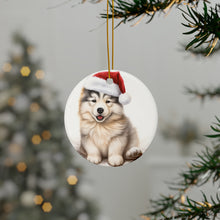 DistinctInk Hanging Ceramic Christmas Tree Ornament with Gold String - Great Gift/Present - 2 3/4 inch Diameter - Alaskan Malamute Puppy Drawing Design