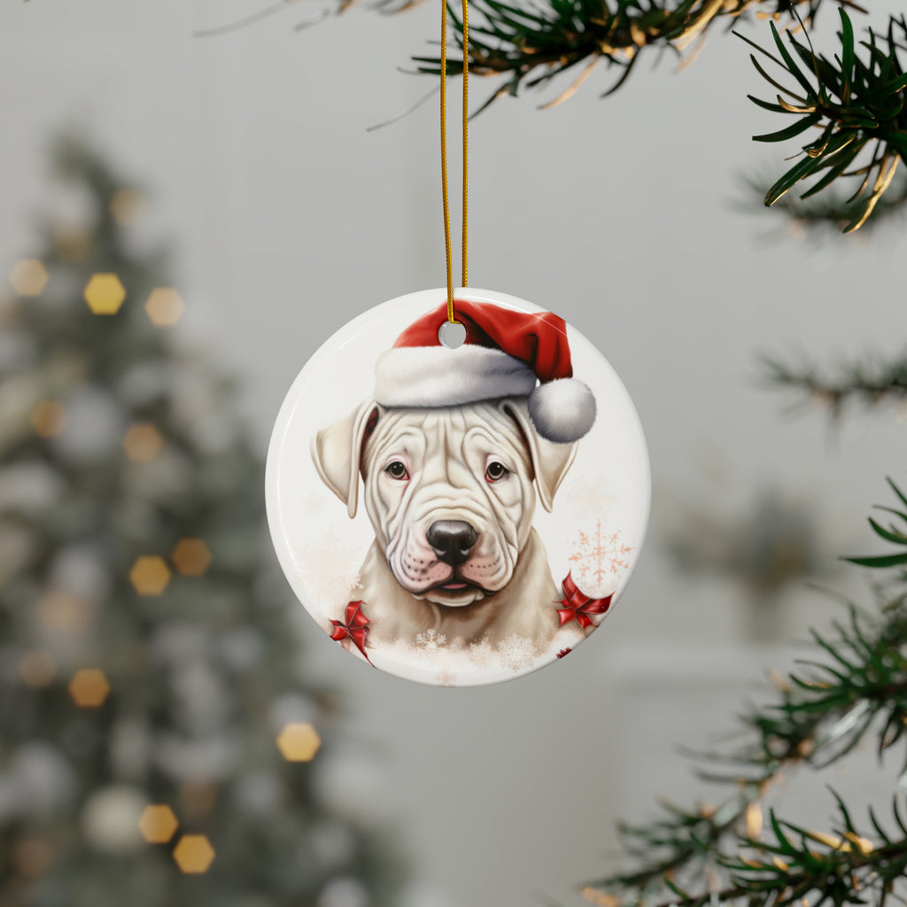 Hanging Ceramic Christmas Tree Ornament with Gold String - Dogo Argentino Puppy Drawing Design, view 3