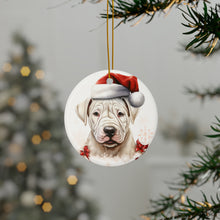 DistinctInk Hanging Ceramic Christmas Tree Ornament with Gold String - Great Gift/Present - 2 3/4 inch Diameter - Dogo Argentino Puppy Drawing Design