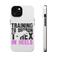 DistinctInk ToughCase for Apple iPhone, Compatible with MagSafe Charging - Training to Outrun T-Rex in Heels