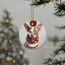 DistinctInk Hanging Ceramic Christmas Tree Ornament with Gold String - Great Gift/Present - 2 3/4 inch Diameter - Cornish Rex Cat Design