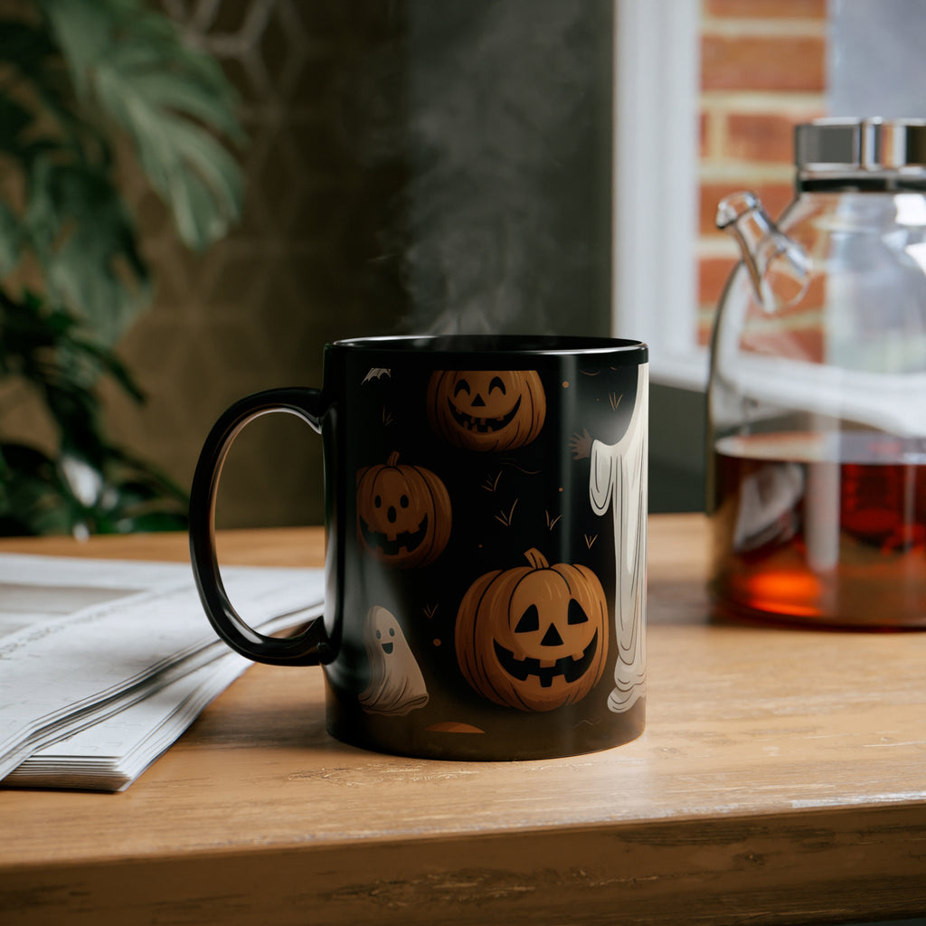 Black Coffee Mug - Ghastly Skeleton Pumpkin for Halloween, view 6