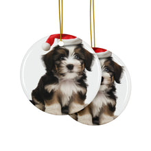 DistinctInk Hanging Ceramic Christmas Tree Ornament with Gold String - Great Gift/Present - 2 3/4 inch Diameter - Löwchen Puppy Design