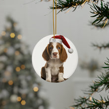 DistinctInk Hanging Ceramic Christmas Tree Ornament with Gold String - Great Gift/Present - 2 3/4 inch Diameter - Welsh Springer Spaniel Puppy Design
