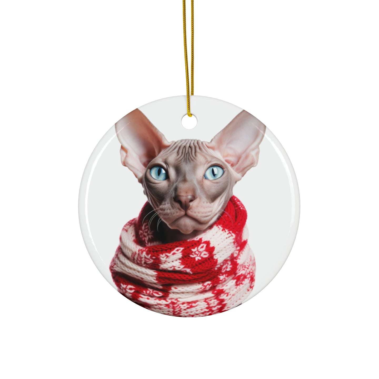 DistinctInk Hanging Ceramic Christmas Tree Ornament with Gold String - Great Gift/Present - 2 3/4 inch Diameter - Sphynx Cat Design