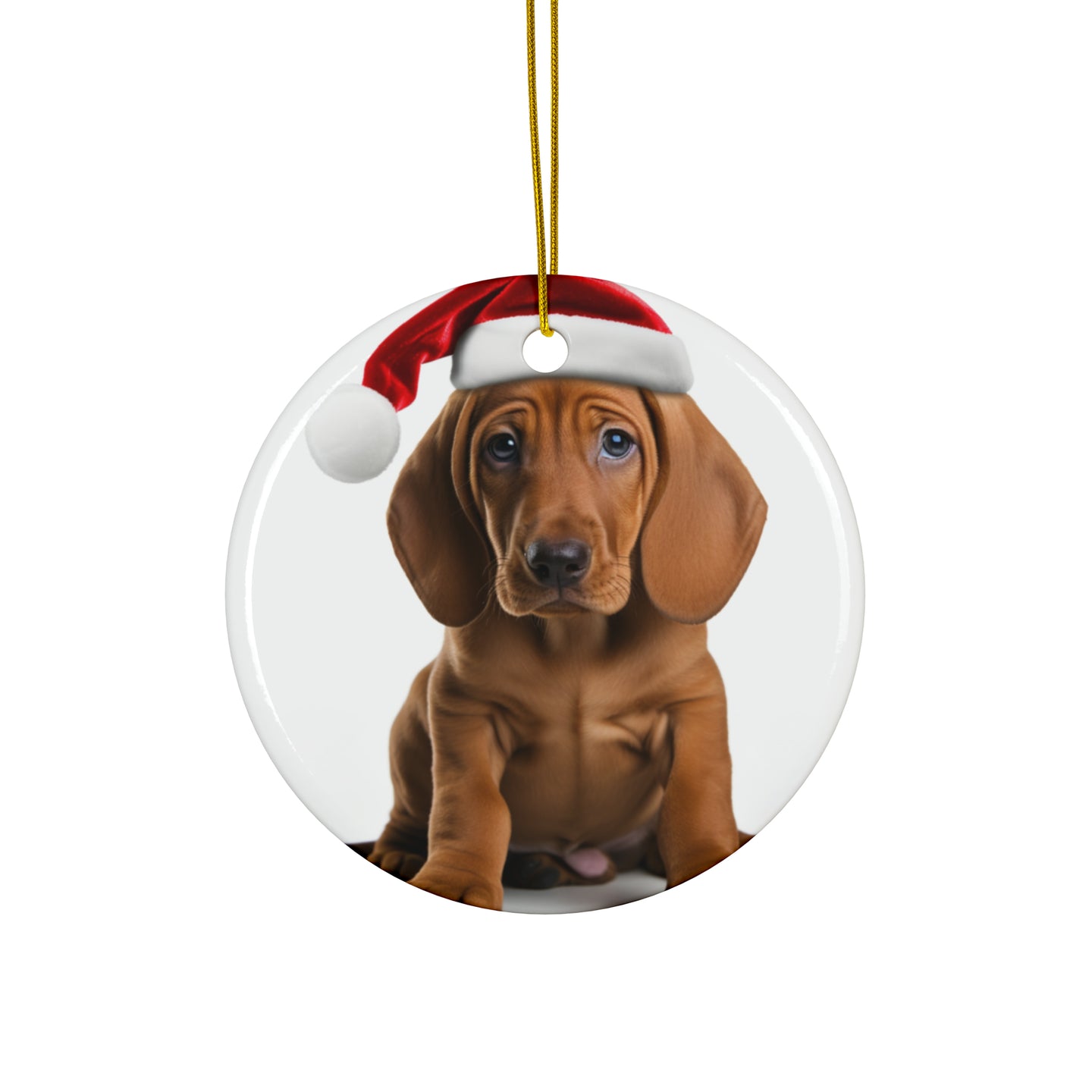 DistinctInk Hanging Ceramic Christmas Tree Ornament with Gold String - Great Gift/Present - 2 3/4 inch Diameter - Redbone Coonhound Puppy Design