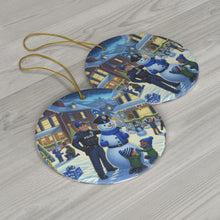 DistinctInk Hanging Ceramic Christmas Tree Ornament Charm with Gold String - Great Gift/Present - 2 3/4 inch Diameter - Neighborhood Blue Holiday - Blue Lives Matter