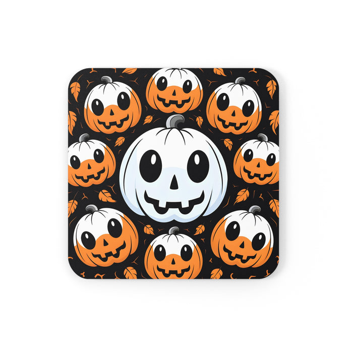 DistinctInk (Set of 4) Corkwood Coasters with Ghost Skeleton Cartoon PumpkinDesign for Halloween