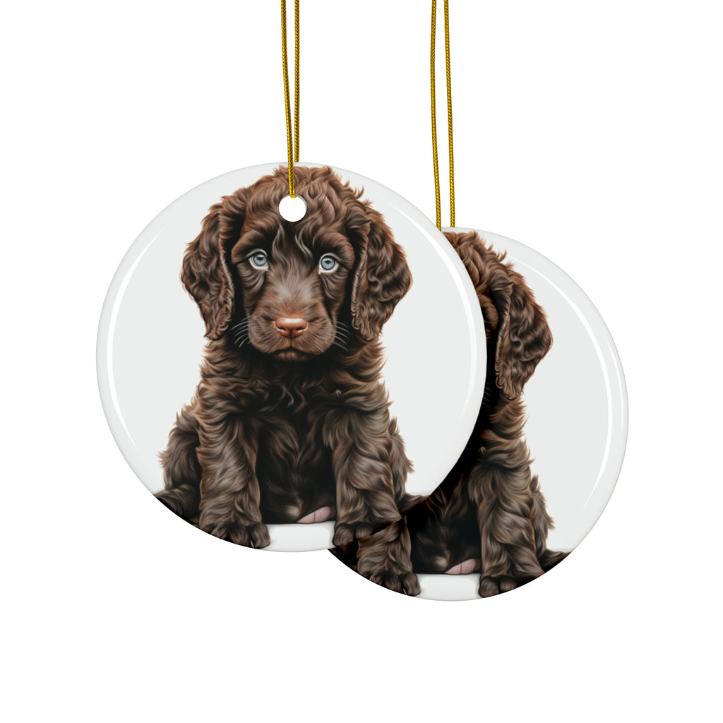 Hanging Ceramic Christmas Tree Ornament with Gold String - Irish Water Spaniel Puppy Drawing Design, view 2