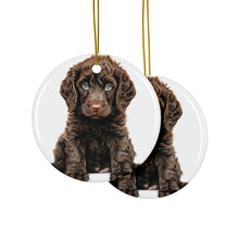 DistinctInk Hanging Ceramic Christmas Tree Ornament with Gold String - Great Gift/Present - 2 3/4 inch Diameter - Irish Water Spaniel Puppy Drawing Design