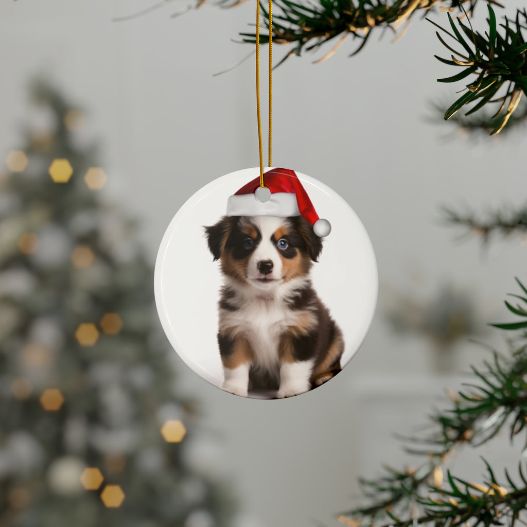 Hanging Ceramic Christmas Tree Ornament with Gold String - Miniature American Shepherd Puppy Design, view 3