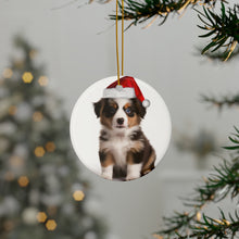 DistinctInk Hanging Ceramic Christmas Tree Ornament with Gold String - Great Gift/Present - 2 3/4 inch Diameter - Miniature American Shepherd Puppy Design