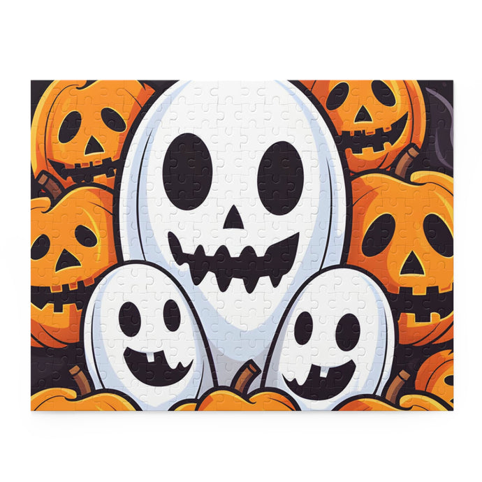 DistinctInk Jigsaw Puzzle with Skele-Pumpkin Ghost Pattern Design for Halloween