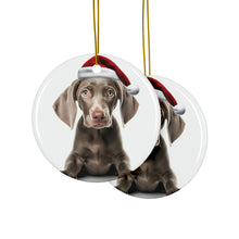 DistinctInk Hanging Ceramic Christmas Tree Ornament with Gold String - Great Gift/Present - 2 3/4 inch Diameter - Weimaraner Puppy Design