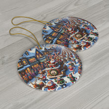DistinctInk Hanging Ceramic Christmas Tree Ornament Charm with Gold String - Great Gift/Present - 2 3/4 inch Diameter - Santa's Parade of Joy